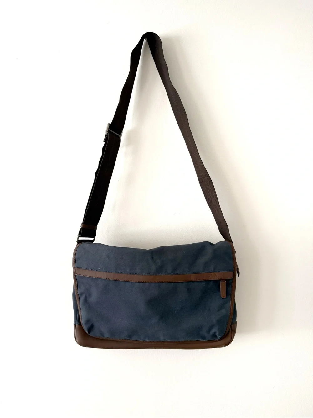 Coach Men's Navy Canvas Messenger Bag with Brown Leather Trim